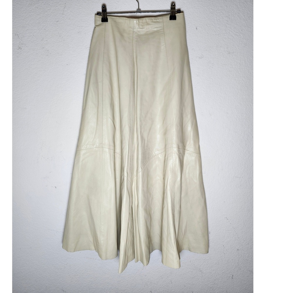 Vakko Leather Skirt Womens 6 Cream Vintage Paneled Maxi High Waist Flare